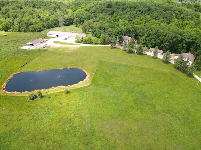 drone / aerial view with a wooded view and a water view