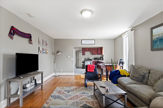 living room with light wood finished floors and baseboards