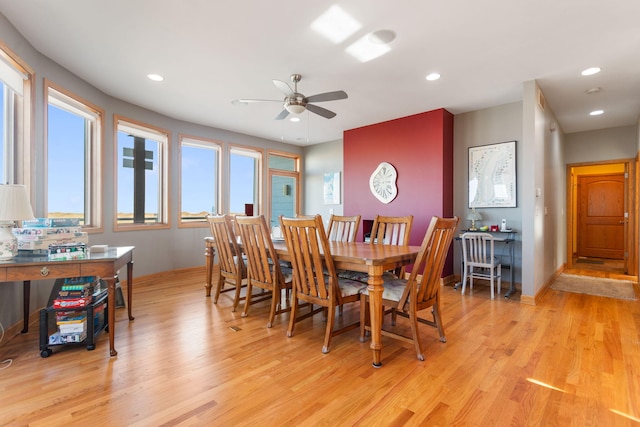 dining area with recessed lighting, light wood-style floors, baseboards, and ceiling fan