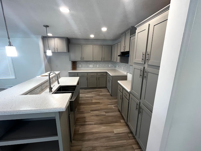 kitchen featuring under cabinet range hood, backsplash, dark wood-style flooring, and gray cabinets