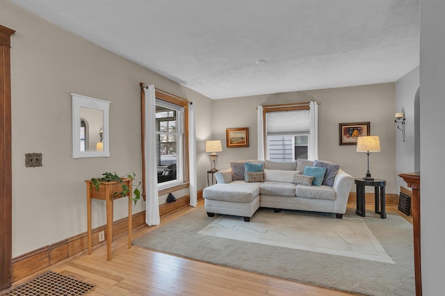 living area with light wood finished floors, baseboards, a wealth of natural light, and a textured ceiling