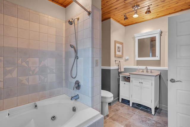 bathroom featuring vanity, wooden ceiling, toilet, and shower / washtub combination