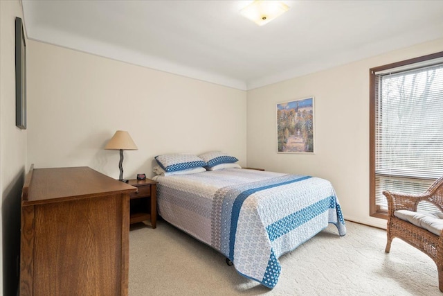 bedroom with light carpet