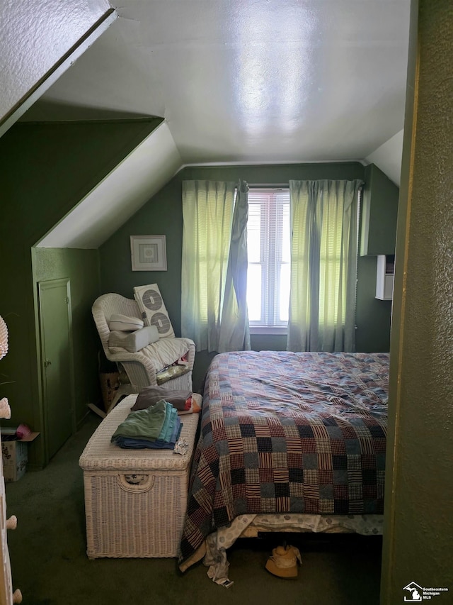 bedroom with carpet and lofted ceiling