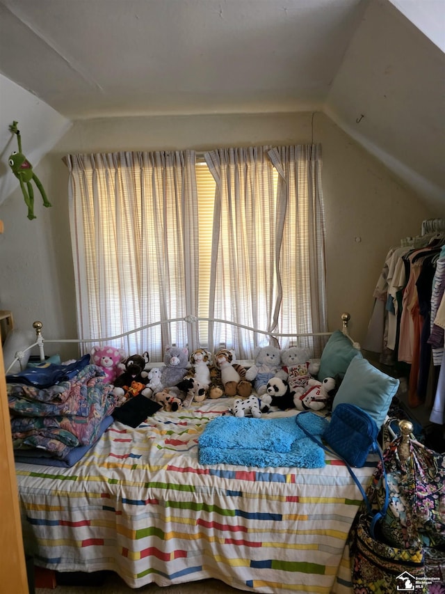 bedroom featuring lofted ceiling