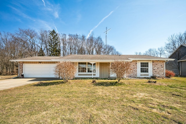 ranch-style home featuring a front lawn, a garage, brick siding, and concrete driveway