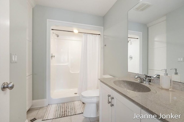 full bath with visible vents, toilet, a shower stall, tile patterned flooring, and vanity