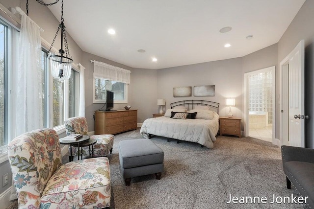 carpeted bedroom with recessed lighting and baseboards