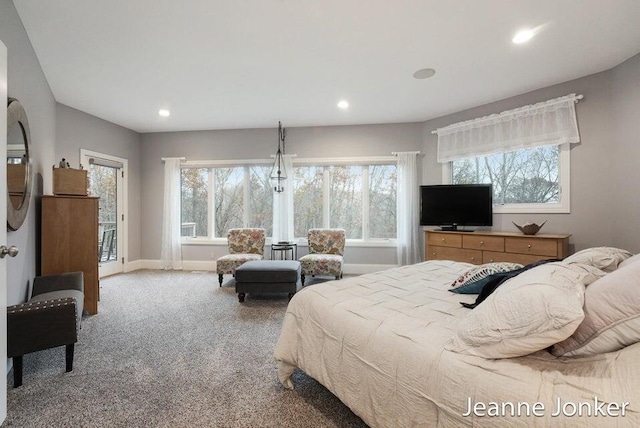 bedroom with access to exterior, recessed lighting, baseboards, and carpet