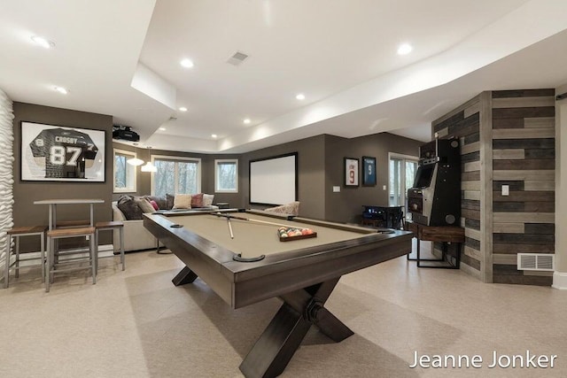 recreation room featuring visible vents, recessed lighting, and billiards