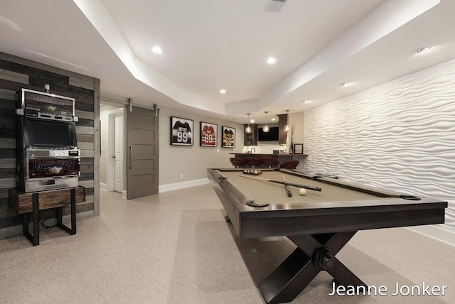 rec room featuring pool table, baseboards, a tray ceiling, a barn door, and recessed lighting