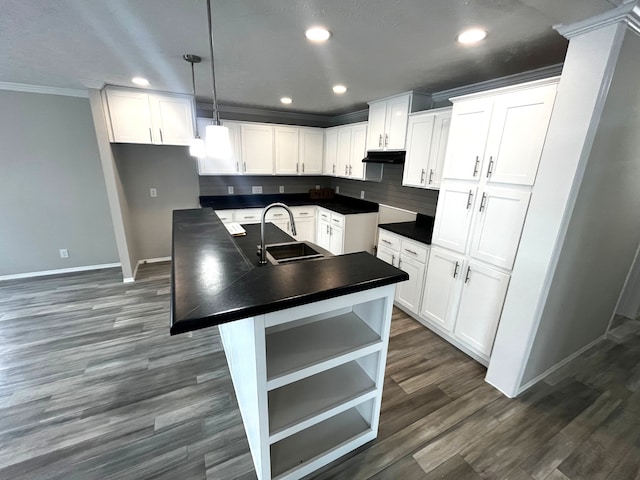 kitchen featuring dark wood-type flooring, a kitchen island with sink, a sink, under cabinet range hood, and dark countertops