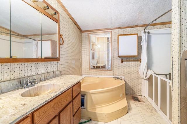 full bath featuring wallpapered walls, a jetted tub, a shower with curtain, and a textured ceiling