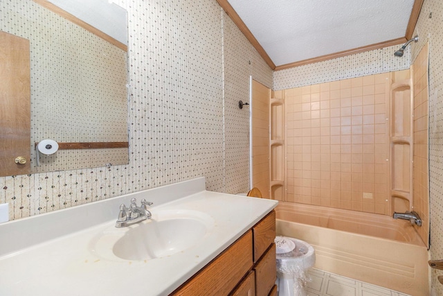 full bathroom with wallpapered walls and ornamental molding