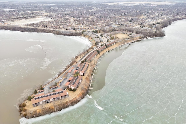 drone / aerial view featuring a water view