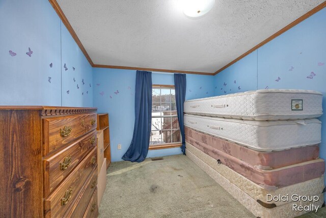 misc room with visible vents, a textured ceiling, ornamental molding, and carpet flooring