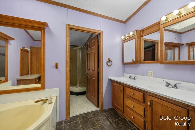 full bathroom with double vanity, a sink, a shower stall, crown molding, and a bath