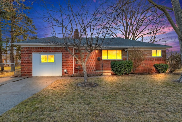 ranch-style home featuring a front lawn, fence, brick siding, and a chimney