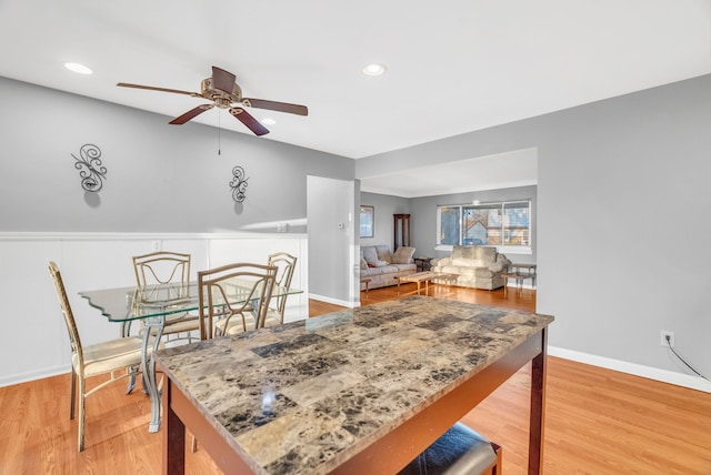 dining area featuring recessed lighting, light wood-type flooring, baseboards, and a ceiling fan