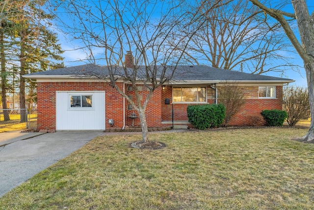 ranch-style house with brick siding, a chimney, a front lawn, and fence