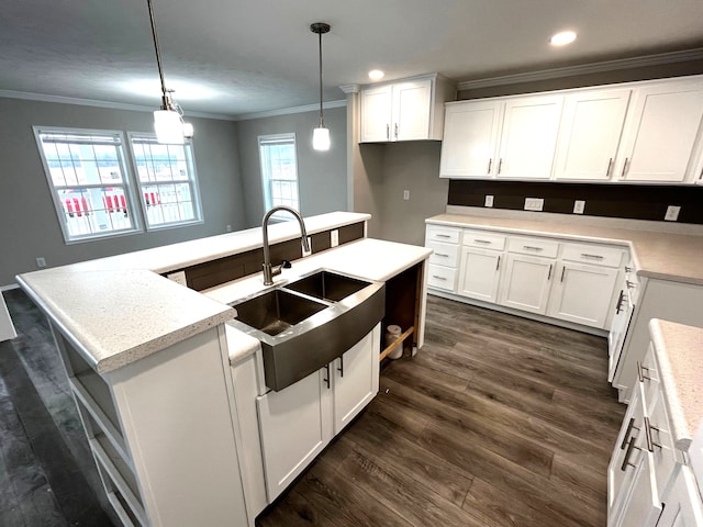 kitchen featuring ornamental molding, a sink, dark wood-type flooring, light countertops, and white cabinetry