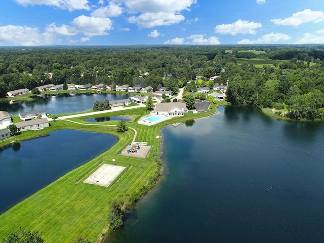 aerial view with a view of trees and a water view