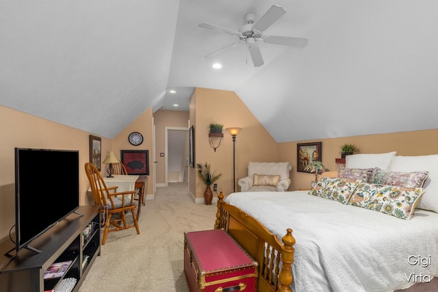 bedroom featuring a ceiling fan, baseboards, carpet floors, lofted ceiling, and recessed lighting