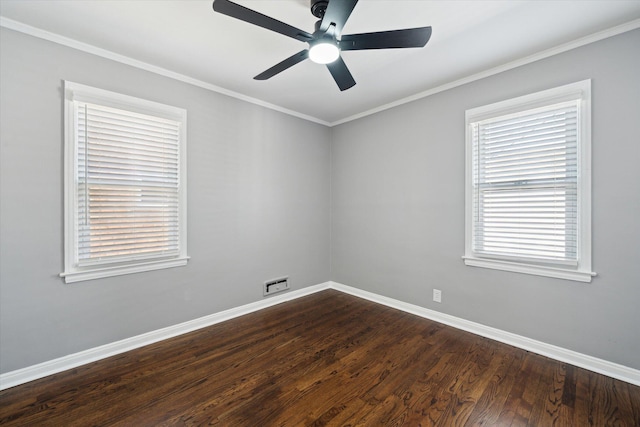 unfurnished room with ceiling fan, baseboards, dark wood-style floors, and ornamental molding