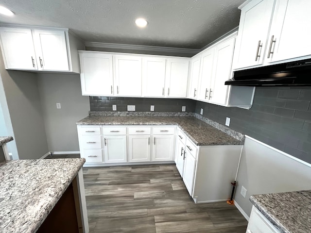 kitchen featuring white cabinetry, dark wood-style flooring, stone countertops, and under cabinet range hood