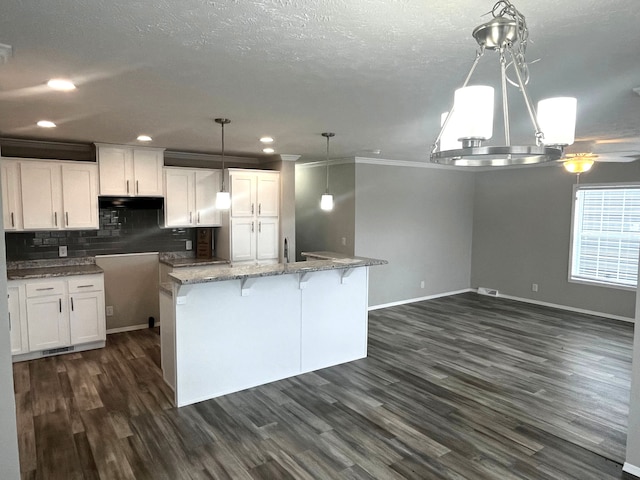 kitchen featuring backsplash, white cabinets, light stone counters, and dark wood-style flooring