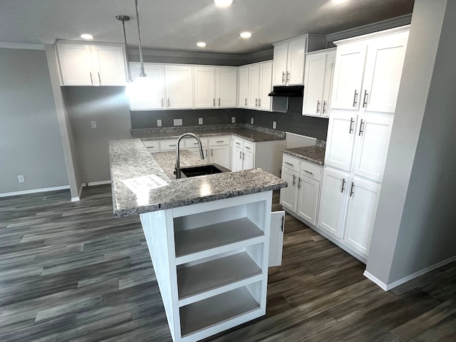 kitchen featuring an island with sink, dark wood-style flooring, ornamental molding, a sink, and white cabinets