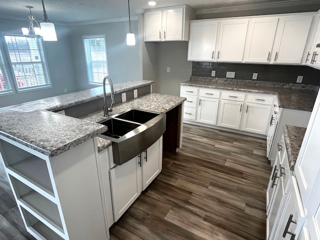 kitchen with ornamental molding, white cabinets, dark wood-type flooring, and a sink