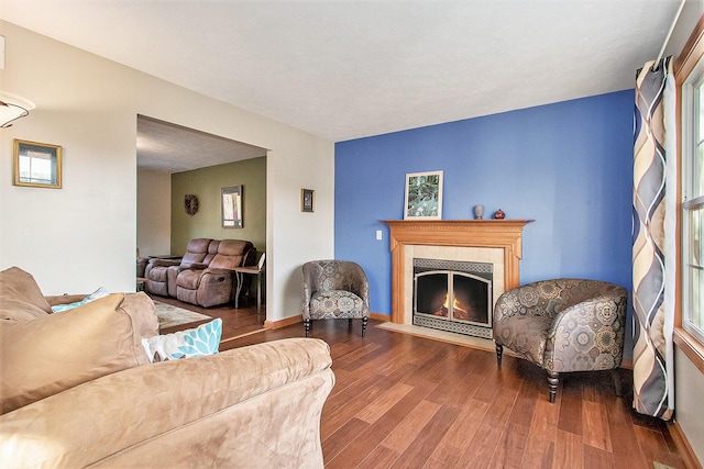 living area with baseboards, a warm lit fireplace, and wood finished floors