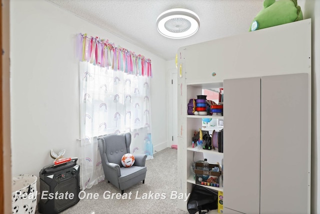 carpeted bedroom featuring a textured ceiling