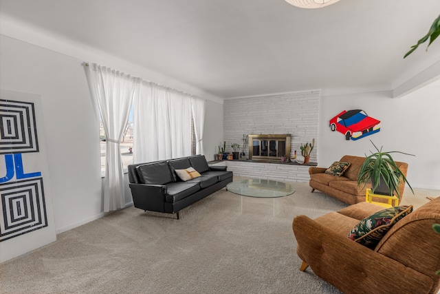 carpeted living room with a fireplace