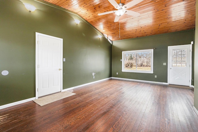 spare room with wood ceiling, baseboards, lofted ceiling, and hardwood / wood-style floors