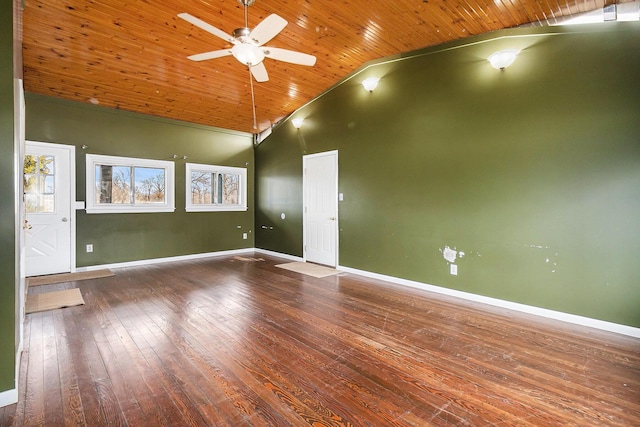 unfurnished room with a ceiling fan, baseboards, high vaulted ceiling, wood-type flooring, and wooden ceiling