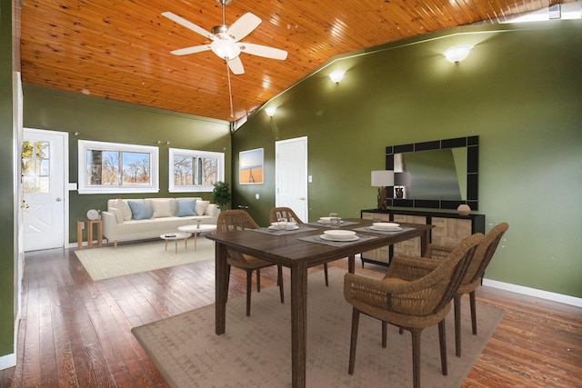 dining room featuring baseboards, high vaulted ceiling, ceiling fan, wood-type flooring, and wooden ceiling