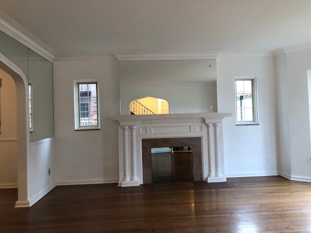 unfurnished living room featuring a fireplace, wood finished floors, and ornamental molding