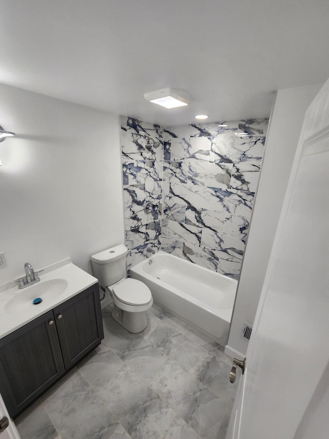 full bath with vanity, toilet, tub / shower combination, and marble finish floor