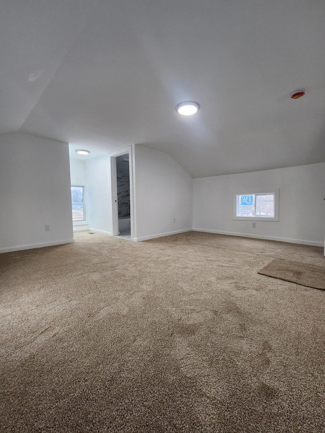 additional living space with vaulted ceiling, baseboards, and carpet floors