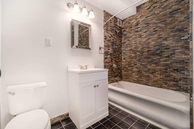 full bath featuring toilet, bathtub / shower combination, visible vents, tile patterned flooring, and vanity