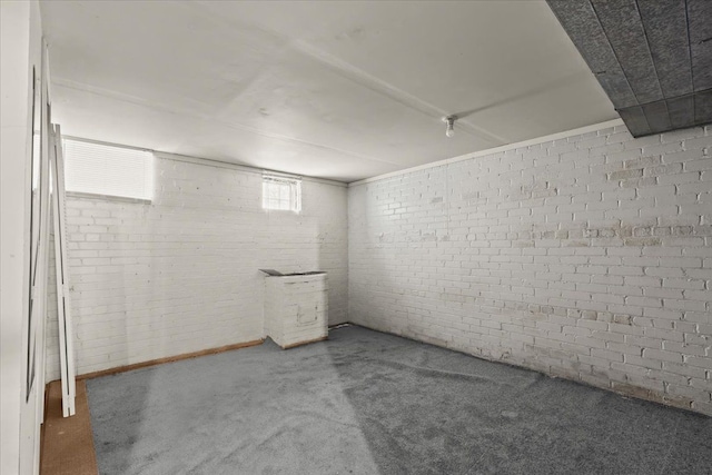 basement with carpet flooring and brick wall