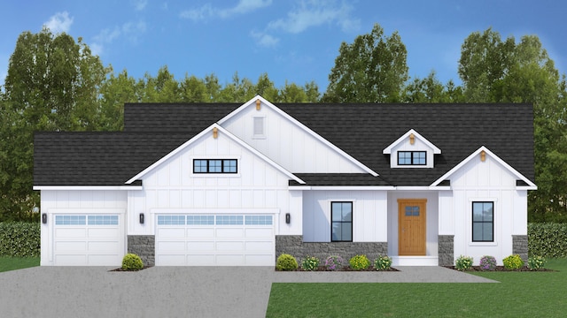 view of front of house featuring board and batten siding, a front yard, roof with shingles, stone siding, and driveway