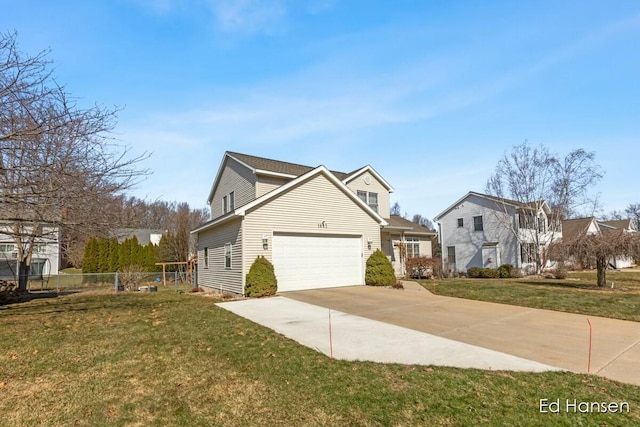 view of home's exterior featuring a garage, a lawn, concrete driveway, and fence