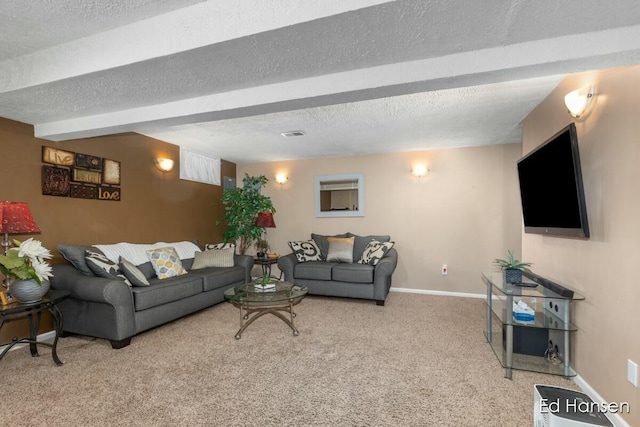 carpeted living area with visible vents, baseboards, and a textured ceiling