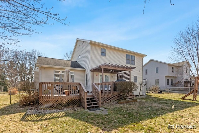 rear view of property featuring a fenced backyard, a deck, a pergola, and a yard