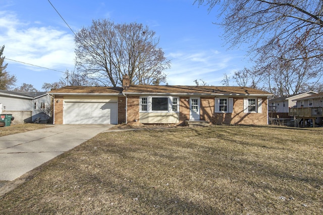 ranch-style house featuring a front lawn, driveway, a garage, brick siding, and a chimney