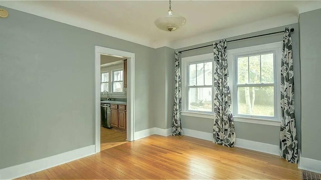 unfurnished room with a wealth of natural light, light wood-type flooring, baseboards, and a sink