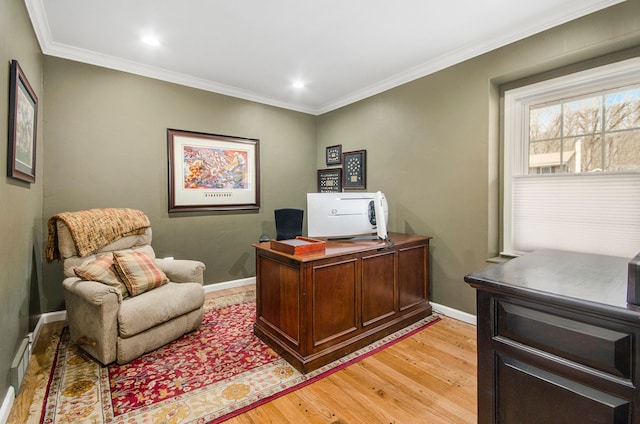 office space with recessed lighting, light wood-type flooring, baseboards, and ornamental molding